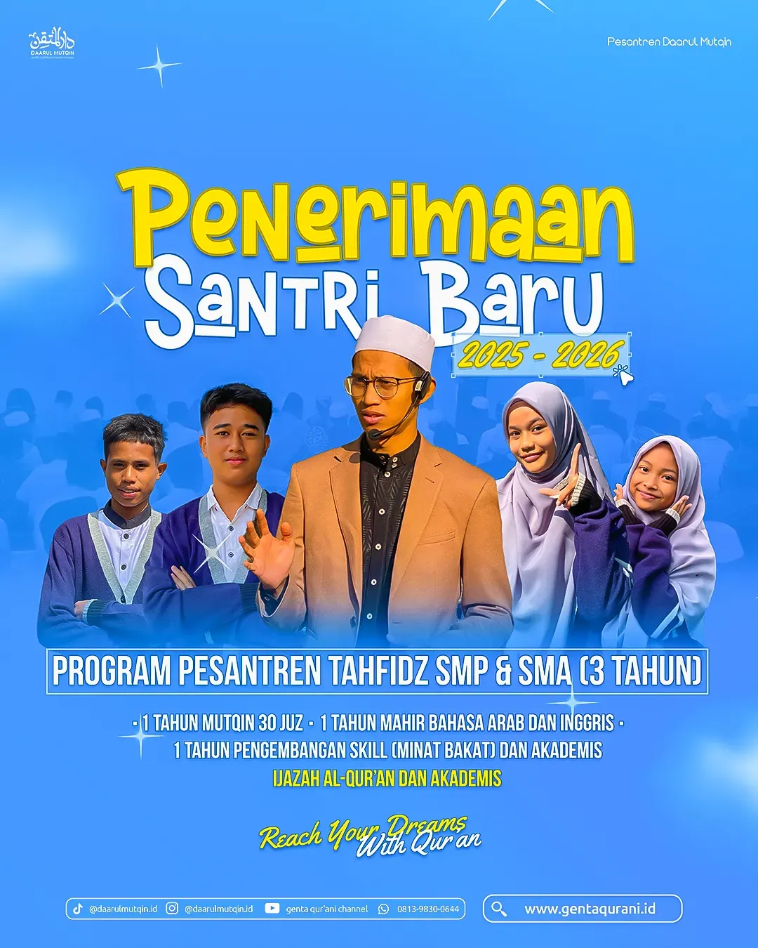 Mau ngafal Qur'an, tapi khawatir akademis SMP/SMA ketinggalan? Tapi kalau Qur'an plus akademis khawatir nggak fokus hafalannya? Check it out. Mungkin ini yang kamu cari! Program Pesantren Tahfidz 3 Tahun Daarul Mutqin Genta Qurani.